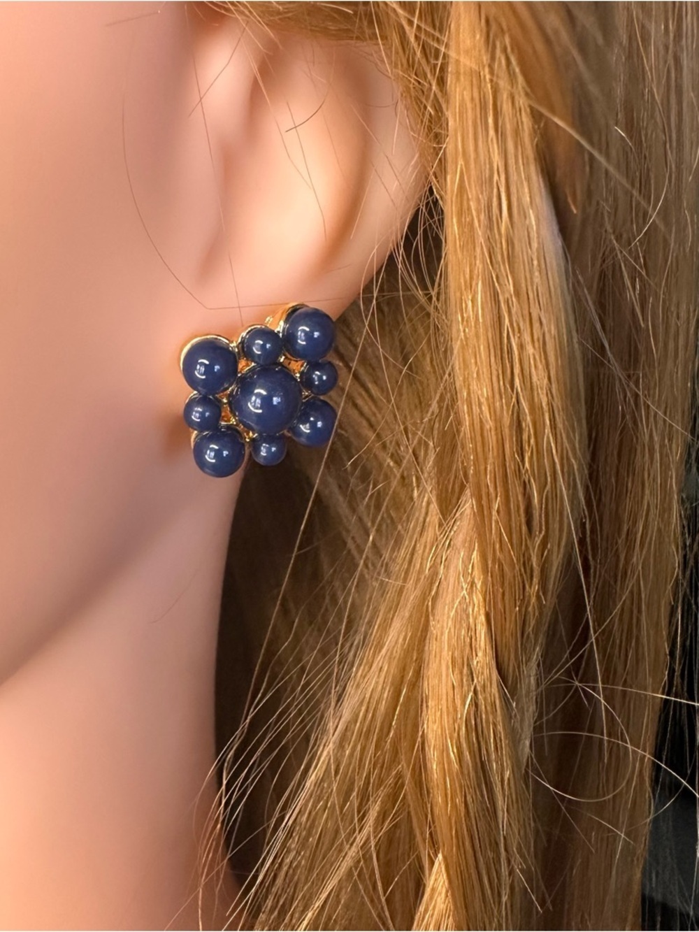 Vintage Signed Napier Navy Blue Cluster Statement Earrings Gold Tone